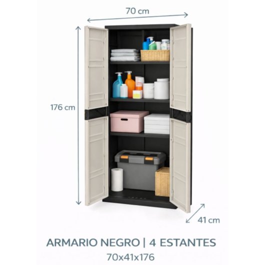 Armario De Plástico, Beige Y Negro, 2 Puertas, 4 Baldas Regulables En Altura | Medidas: 176x70x41 Cm