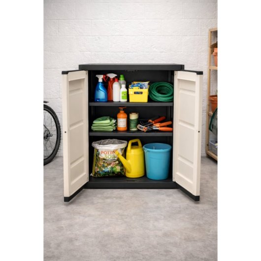 Armario De Plástico Multiuso, 2 Puertas, Beige Y Negro, 70x41x88 Cm, 2 Baldas Regulables En Altura