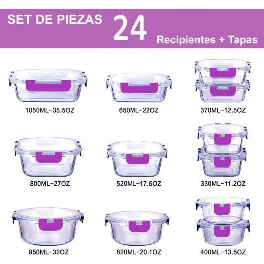 Recipientes De Cristal Para Alimentos - 24 Piezas (12 Recipientes Y 12 Tapas) - Apto Lavavajillas