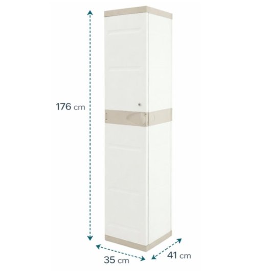 Taquilla De Plástico Color Beige Con Llave, Colgador, 2 Baldas Regulables | Medidas: 176x41x35 Cm