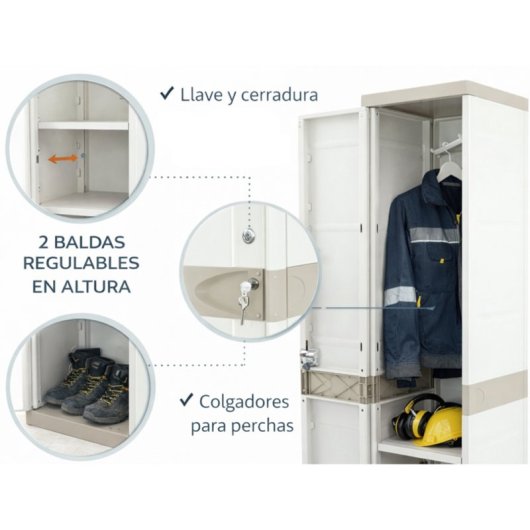 Taquilla De Plástico Color Beige Con Llave, Colgador, 2 Baldas Regulables | Medidas: 176x41x35 Cm