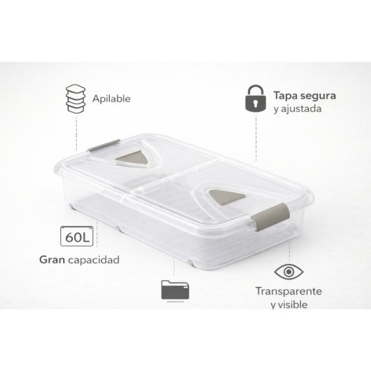Caja De Almacenaje De Plástico Transparente Con Ruedas Y Tapa, Capacidad 60 L, Medidas: 80x50x18 Cm
