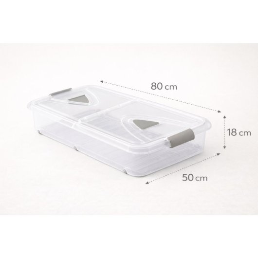 Caja De Almacenaje De Plástico Transparente Con Ruedas Y Tapa, Capacidad 60 L, Medidas: 80x50x18 Cm