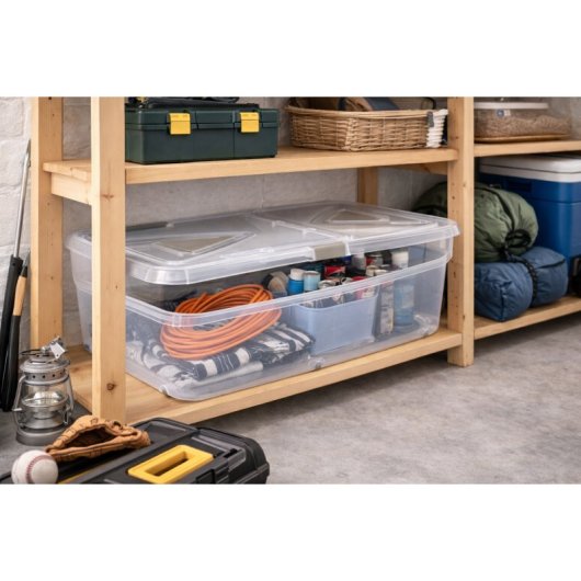 Caja De Almacenaje De Plástico Transparente Con Ruedas Y Tapa, Capacidad 60 L, Medidas: 80x50x18 Cm