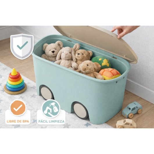 Caja De Almacenamiento De Plástico Con Ruedas Y Tapa, Color Menta | 45 Litros | Medidas: 58x38x32 Cm