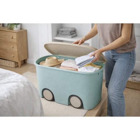 Caja De Almacenamiento De Plástico Con Ruedas Y Tapa, Color Menta | 45 Litros | Medidas: 58x38x32 Cm