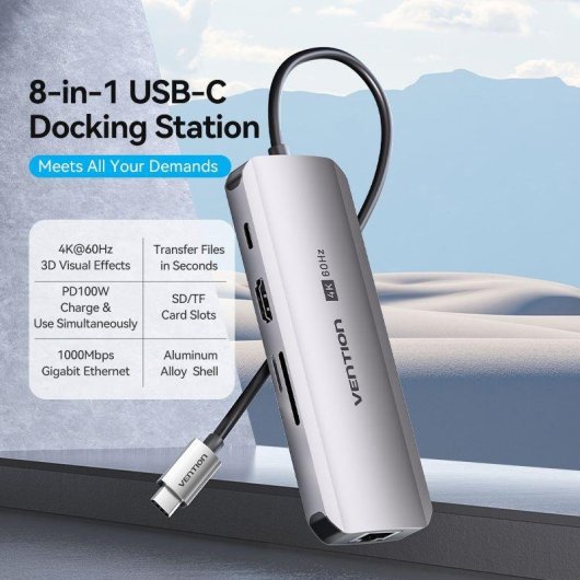 Docking USB-C Vention TQKHB 8 en 1 HDMI 4K USB 3.0 Gigabit Ethernet