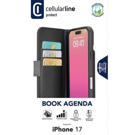 Funda para móvil Cellularline Book Agenda Folio Piel Negra con cierre magnético para iPhone 17