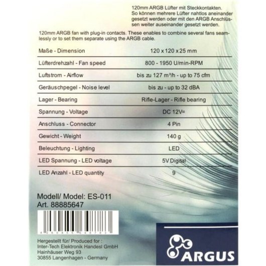 Kühlung Luft Inter-Tech 12 cm RGB adressierbar PWM Lüfter