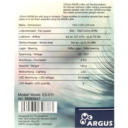 Kühlung Luft Inter-Tech 12 cm RGB adressierbar PWM Lüfter