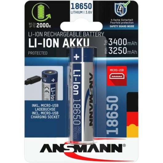 Ansmann Li-Ion Akku 18650 3400 mAh mit USB-Ladebuchse
