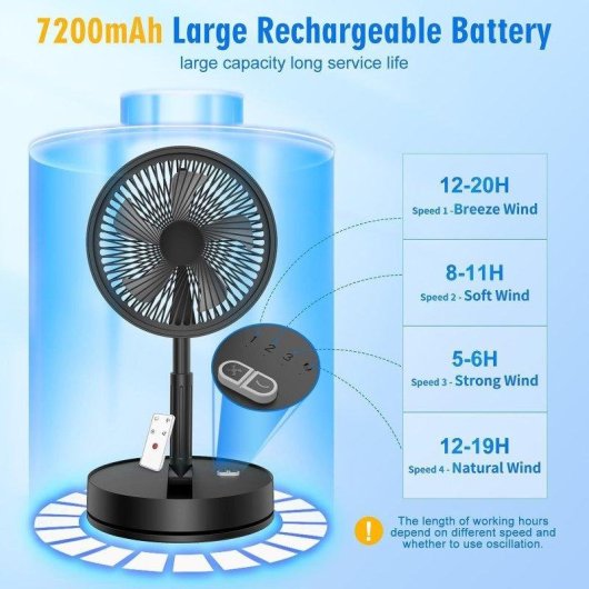 Stand- und Tischventilator Generic 5,6W 105cm 4 Stufen Fernbedienung Leise Akku 7200mAh