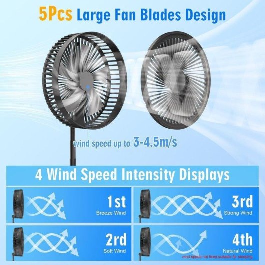 Stand- und Tischventilator Generic 5,6W 105cm 4 Stufen Fernbedienung Leise Akku 7200mAh