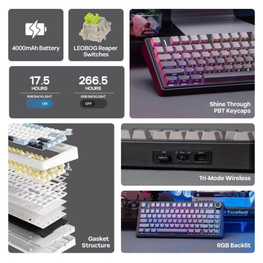 Tastiera Autrucker Aula F75 75% wireless Hot-swappable RGB PBT compatta