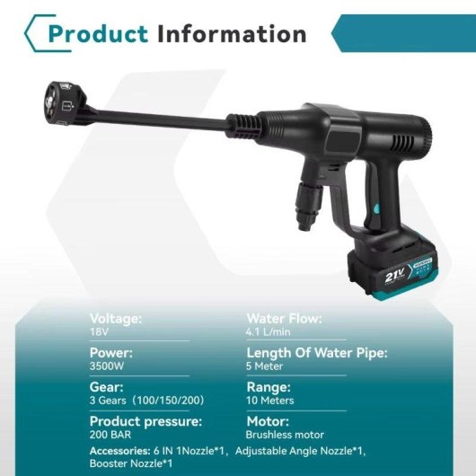 Pistola de Agua Autrucker Alta Presión 200 bar Inalámbrica 6 en 1 con Cubo Plegable 22 L