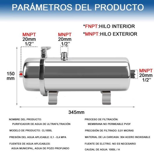 Purificatore d'acqua Autrucker PVDF 0,01um SUS304 1000L Lavabile Cucina