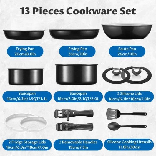 Casserole Antiadhésive Autrucker 13 Pièces Revêtement Céramique Mango Amovibles