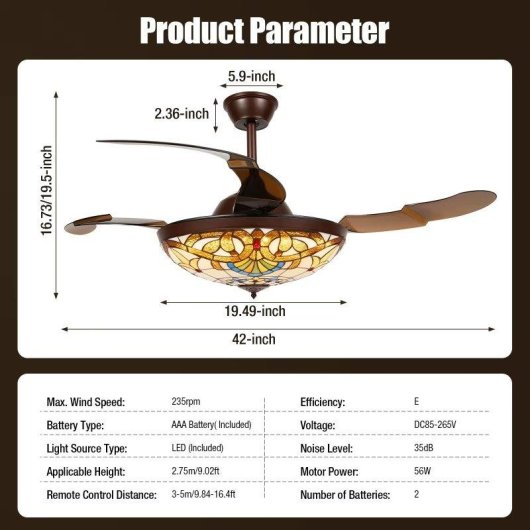 Deckenventilator mit Licht Autrucker 56W 42'' 6 Stufen Einklappbare Flügel Fernbedienung