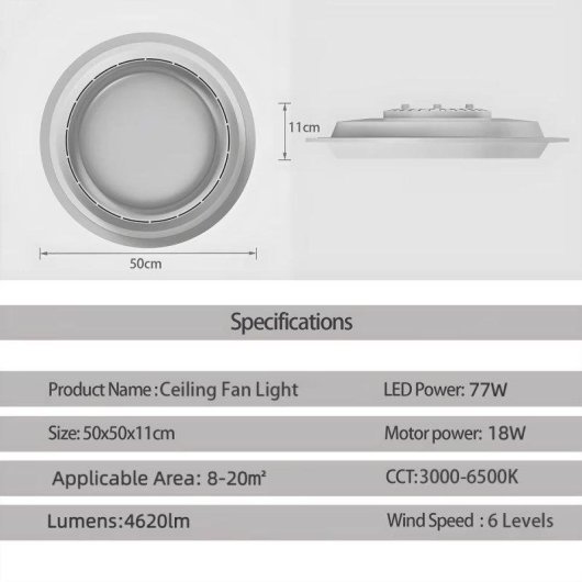 Deckenventilator mit Licht Autrucker 95W 50cm 6 Stufen Rotorlos Fernbedienung LED