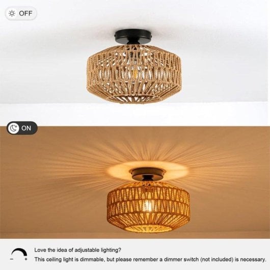 Luminária de Teto em Rattan Bohème Autrucker, Montagem à Superfície, E27, 30 cm