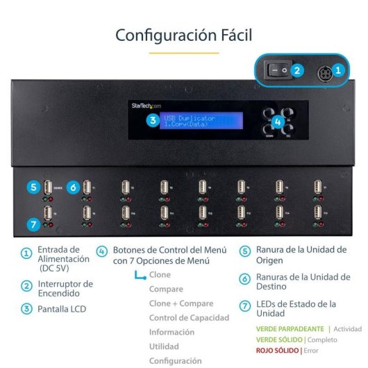 Duplicador USB StarTech.com 1:15 Clonador Autónomo 1,5 GB/min Pantalla LCD