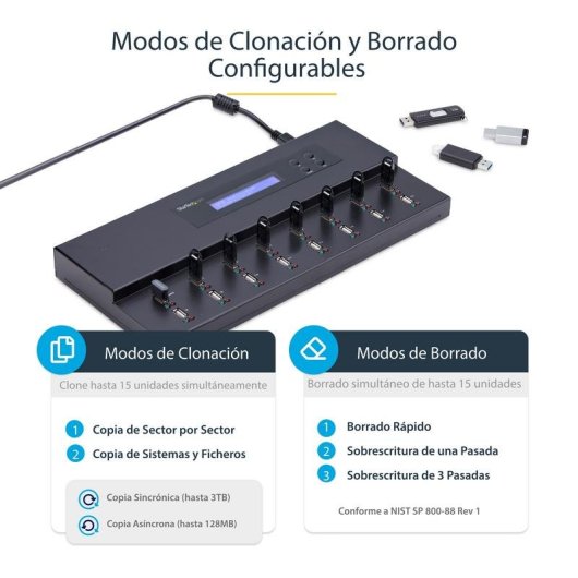 Duplicador USB StarTech.com 1:15 Clonador Autónomo 1,5 GB/min Pantalla LCD