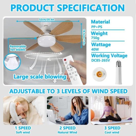 Deckenventilator mit Licht Autrucker 40W 52cm 6 Flügel 3 Stufen Fernbedienung Leise