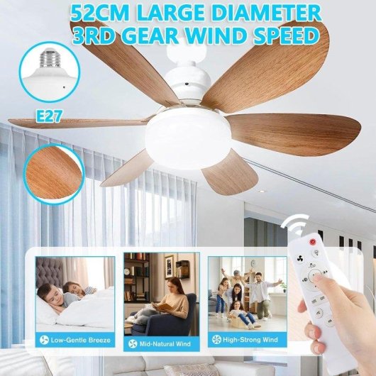 Deckenventilator mit Licht Autrucker 40W 52cm 6 Flügel 3 Stufen Fernbedienung Leise