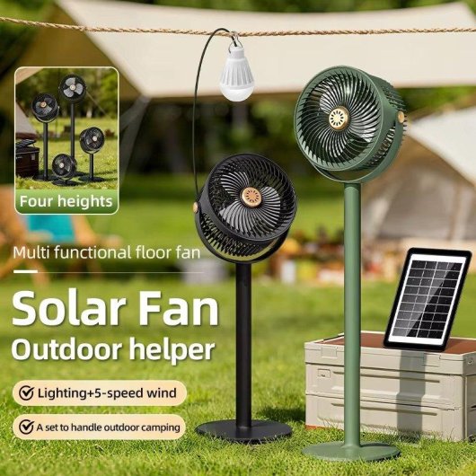 Autrucker Solar Standventilator Tragbar 4000mAh Akku 5 Stufen LED Höhenverstellbar