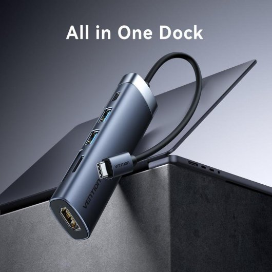 Station d'accueil Vention THJHB 6-en-1 USB-C HDMI 4K/USB 3.0/SD/PD Gris
