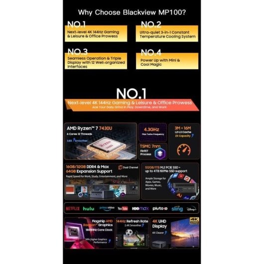 Mini PC Blackview MP100 AMD Ryzen 5 7430U 16GB 512GB SSD Radeon RDNA2 Windows 11 Pro Triple Pantalla