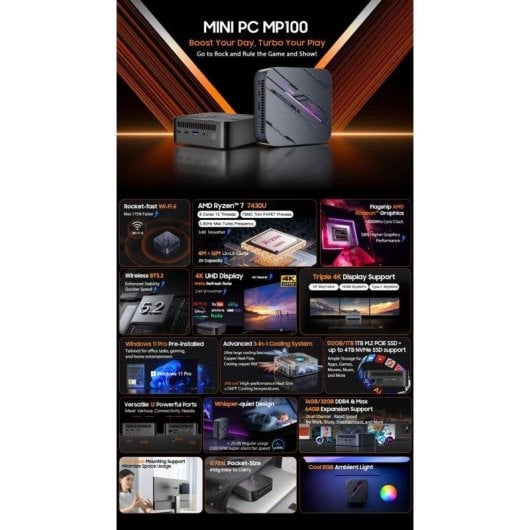 Mini PC Blackview MP100 AMD Ryzen 5 7430U 16GB 512GB SSD Radeon Windows 11 Pro Triple Pantalla