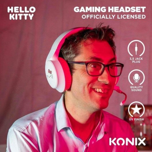 Casque Gaming Konix Hello Kitty avec fil 3,5 mm, micro intégré, volume et réduction bruit, rose et blanc