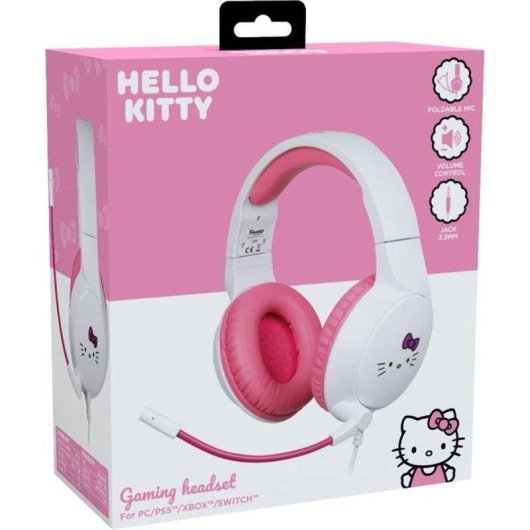 Casque Gaming Konix Hello Kitty avec fil 3,5 mm, micro intégré, volume et réduction bruit, rose et blanc