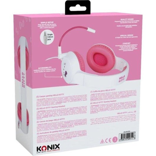 Casque Gaming Konix Hello Kitty avec fil 3,5 mm, micro intégré, volume et réduction bruit, rose et blanc