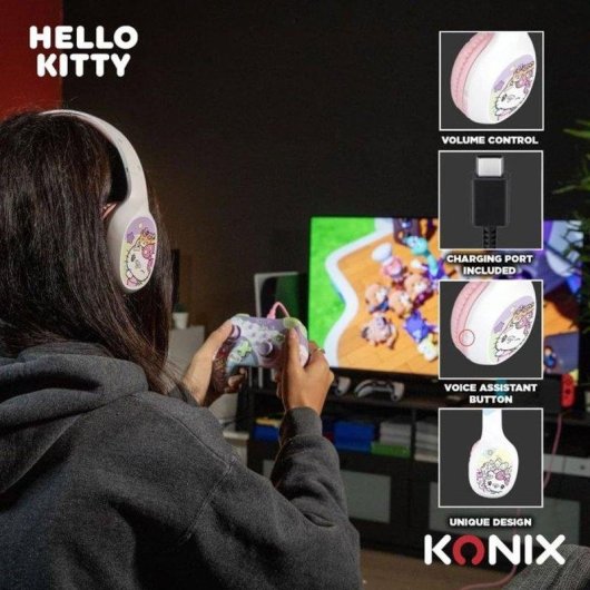 Auriculares Konix Hello Kitty inalámbricos Bluetooth 5.3 con micrófono y cable blanco y rosa