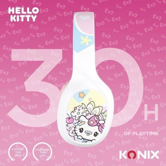 Auriculares Konix Hello Kitty inalámbricos Bluetooth 5.3 con micrófono y cable blanco y rosa