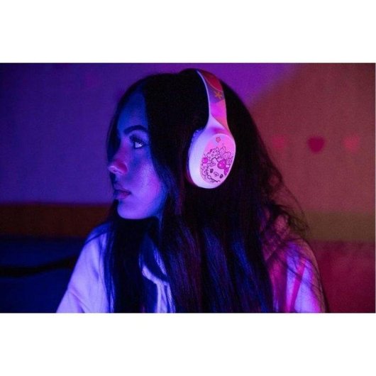 Auriculares Konix Hello Kitty inalámbricos Bluetooth 5.3 con micrófono y cable blanco y rosa