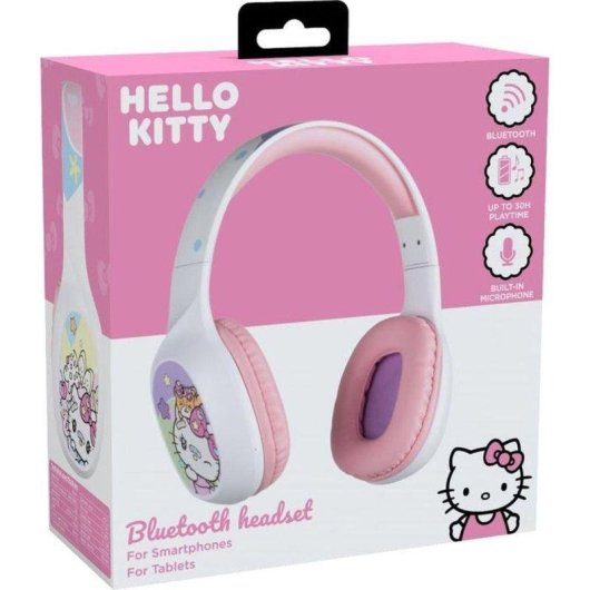 Auriculares Konix Hello Kitty inalámbricos Bluetooth 5.3 con micrófono y cable blanco y rosa