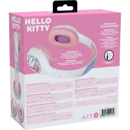 Auriculares Konix Hello Kitty inalámbricos Bluetooth 5.3 con micrófono y cable blanco y rosa