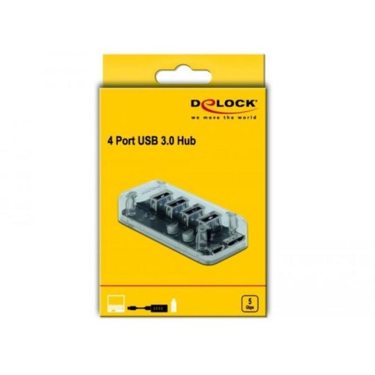 Hub DeLOCK 4 puertos 5 Gbps USB 3.2 Gen 1 transparente con alimentación