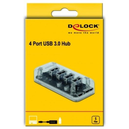 Hub DeLOCK 4 puertos 5 Gbps USB 3.2 Gen 1 transparente con alimentación