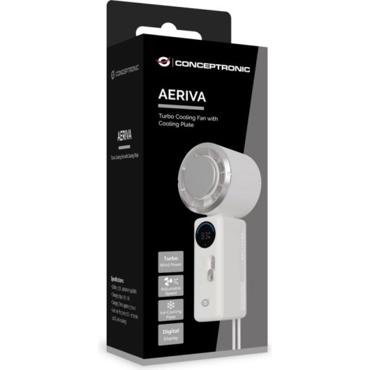Mini Ventilador de Mano Conceptronic AERIVA03C Turbo Recargable 2A Pantalla Digital Placa Enfriadora