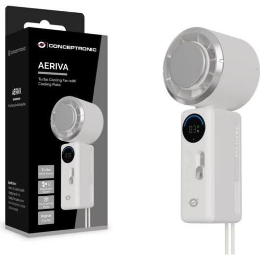 Mini Ventilador de Mano Conceptronic AERIVA03C Turbo Recargable 2A Pantalla Digital Placa Enfriadora