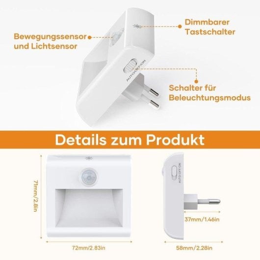 Nachtlampe Autrucker Pack 2 LED Sensor Bewegung und Dämmerung Dimmbar