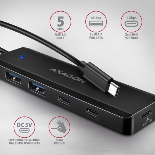 Hub Axagon 4 porte 5000 Mbit/s modello HUE-C2C con ricarica portatile