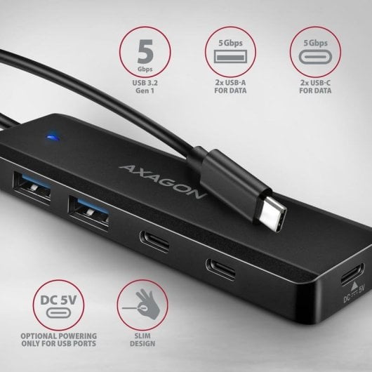 Hub Axagon 4 porte 5000 Mbit/s modello HUE-C2C con ricarica portatile