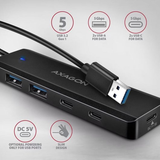 Hub Axagon 4 Ports 5000 Mbit/s Modell HUE-C2A mit tragbarer Ladefunktion
