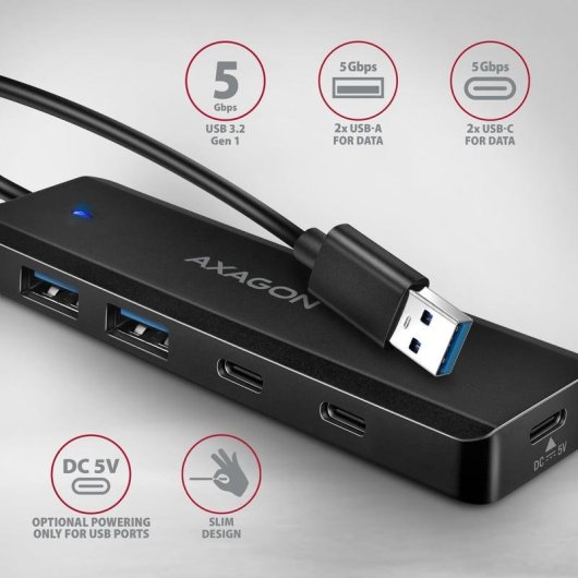 Hub Axagon 4 Ports 5000 Mbit/s Modell HUE-C2A mit tragbarer Ladefunktion