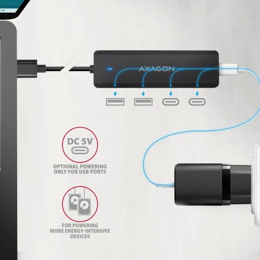 Hub Axagon 4 Ports 5000 Mbit/s Modell HUE-C2A mit tragbarer Ladefunktion